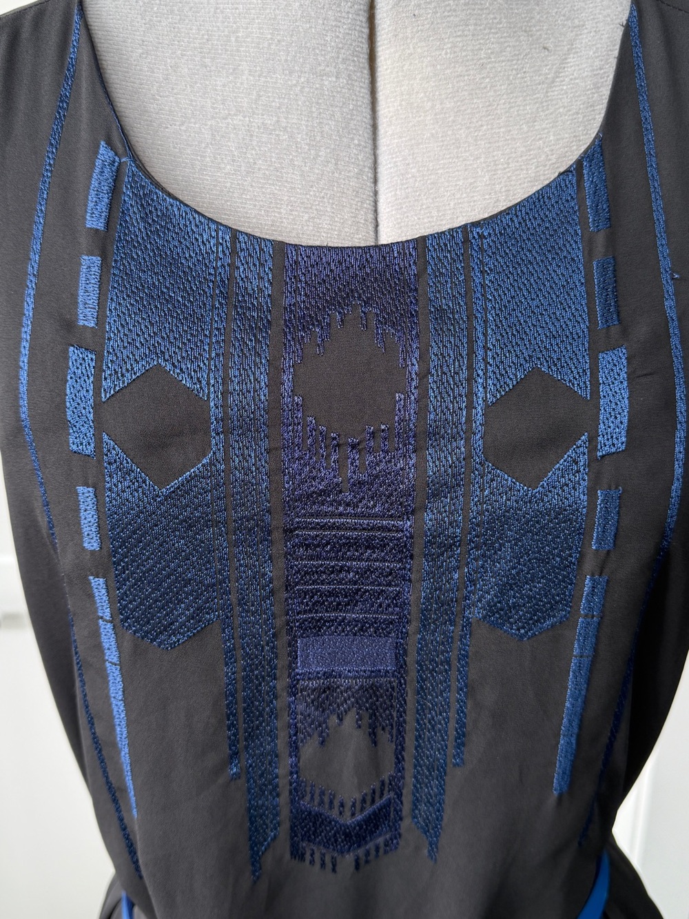 Stella McCartney Black and Blue Embroidered Silk Midi Shift Dress